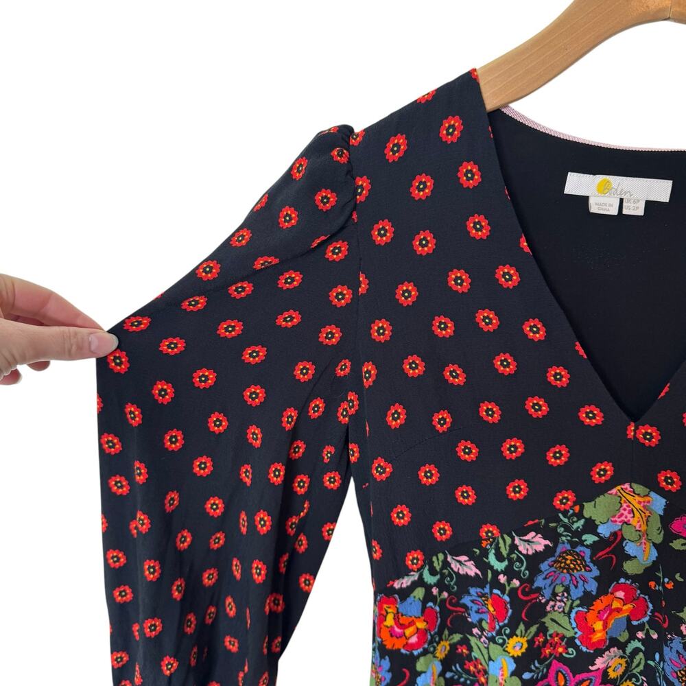 BODEN Blouson Sleeve Floral Maxi Dress V Neck Size 2P Black Red - Picture 5 of 14